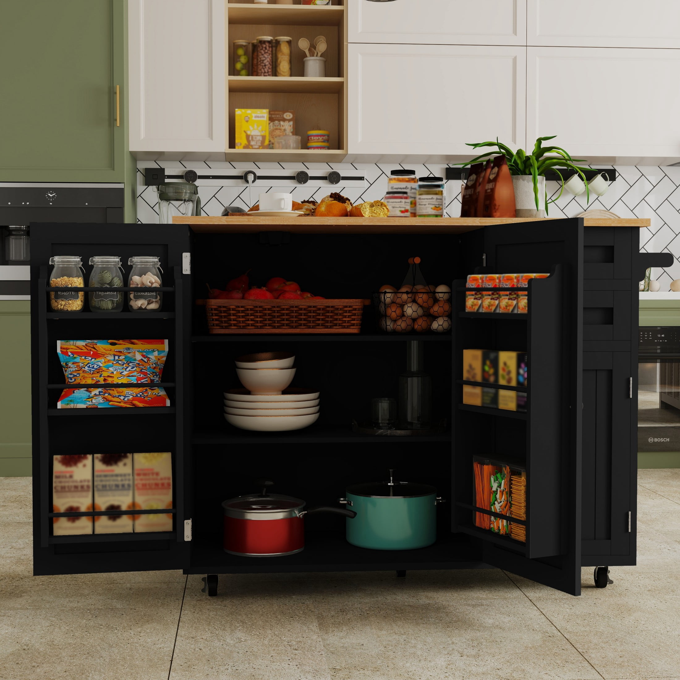 50.4" Kitchen Island with Storage,  Expandable Solid Wood Top Cart with Drop Leaf and Wheels, Black