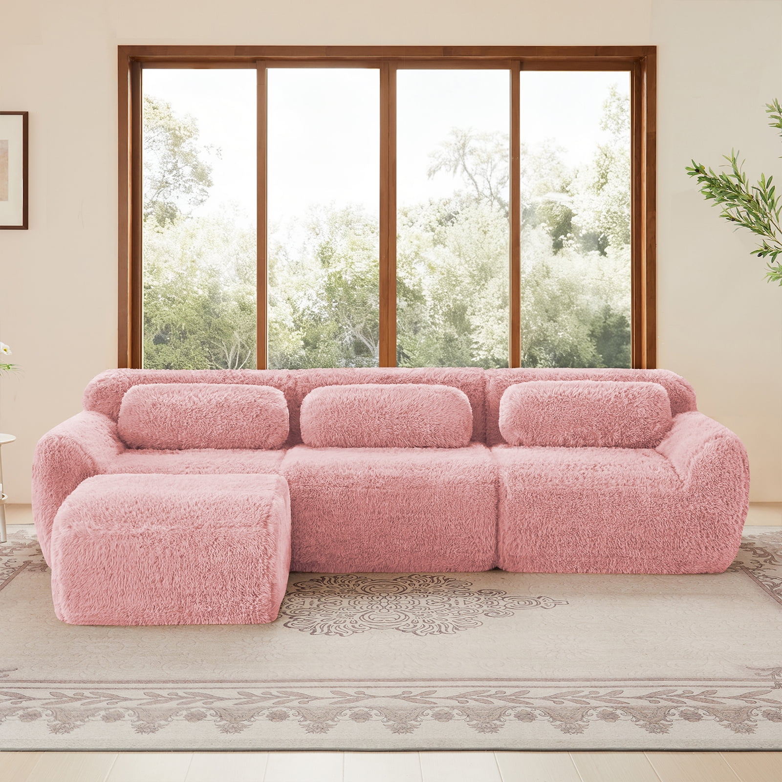 ZenNook 115" Sectional Couches for Living Room, Comfy Boneless Couch, 3 Seater Cloud Sofa, Compressed L Shaped Couch with Ottoman, Modern Modular Sectional, Plush Floor Sofa, No Assembly (Pink)
