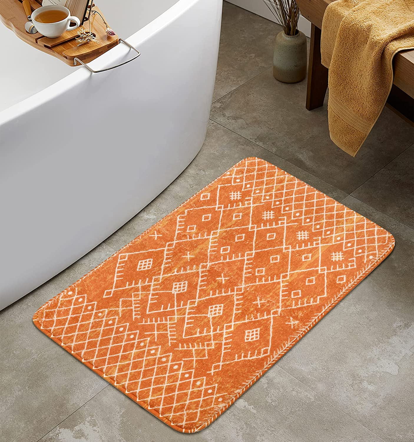 Bathroom Rugs 18x25 inch Orange Boho Bath Mat NonSlip Moroccan