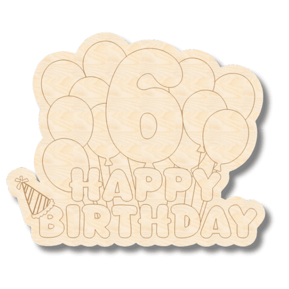 Unfinished Wood Etched 6th Birthday Balloons Shape | Paint By Line Crafts 14" / 1/8"