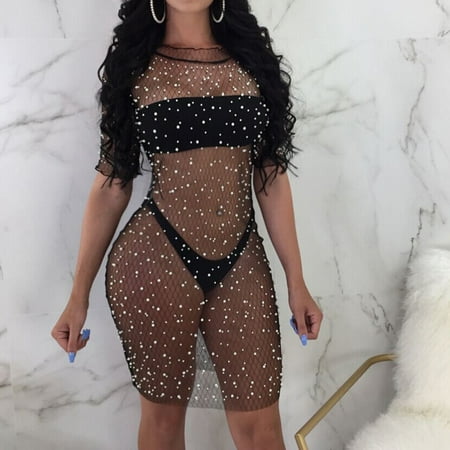 Mesh Spandex Suit - Women Summer Crochet Bikini Cover up Swimwear Bathing Suit Beach Dress Sequin Beading Cover Up Mesh See-through Beachwear Cover Up S