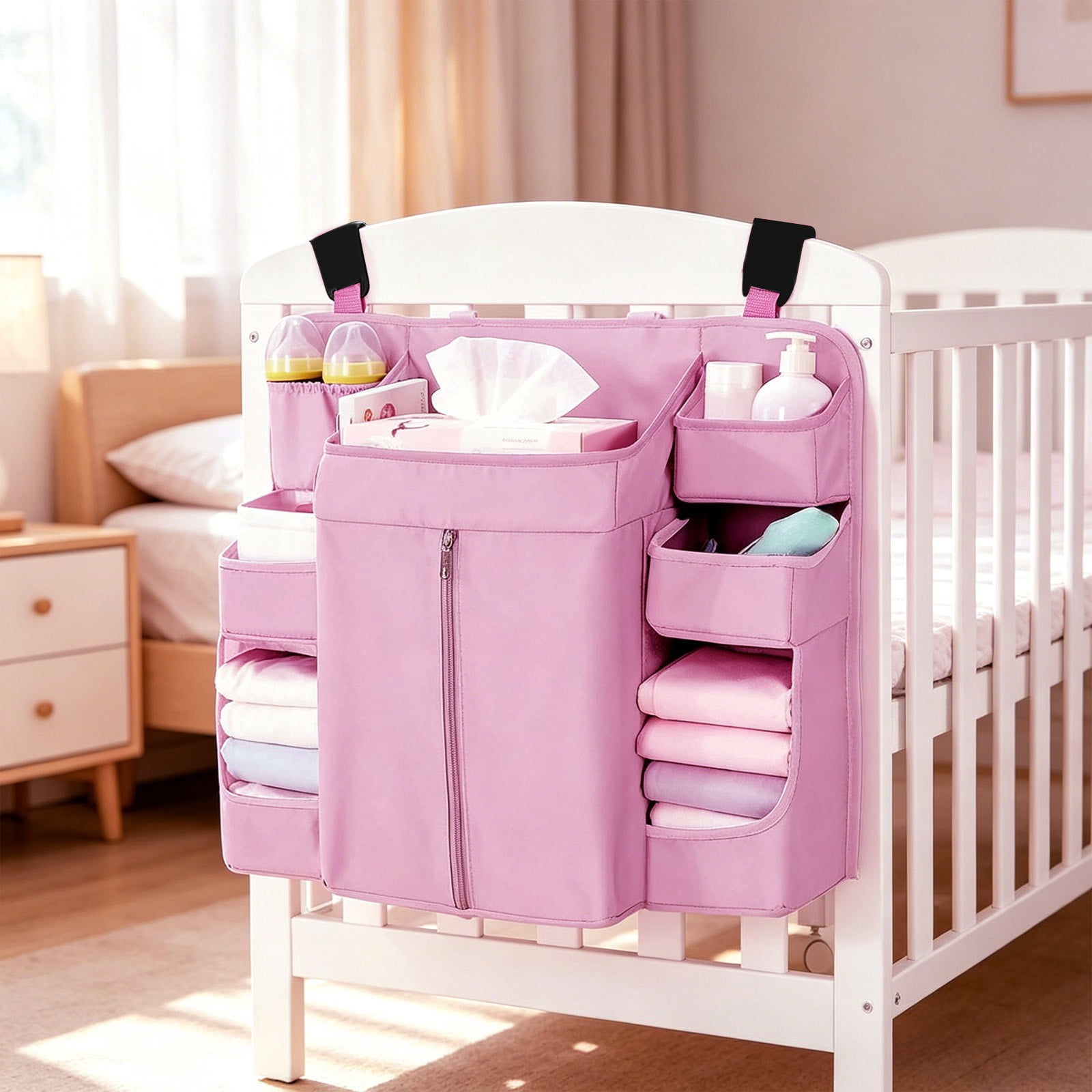 Hanging Crib Organizer with Multi-Pockets, Baby Diaper Caddy Storage Bag, Washable Nursery Organizer for Diapers, Bottles, Wipes and Baby Essentials Pink