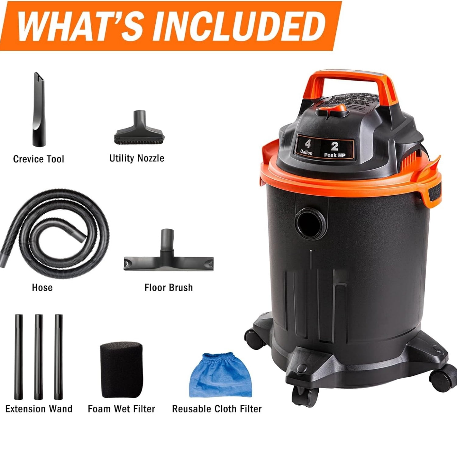 4 Gallon Wet/Dry Vac 2.0 Peak HP Shop Vacuum with Nozzles & Brush,Black/Orange