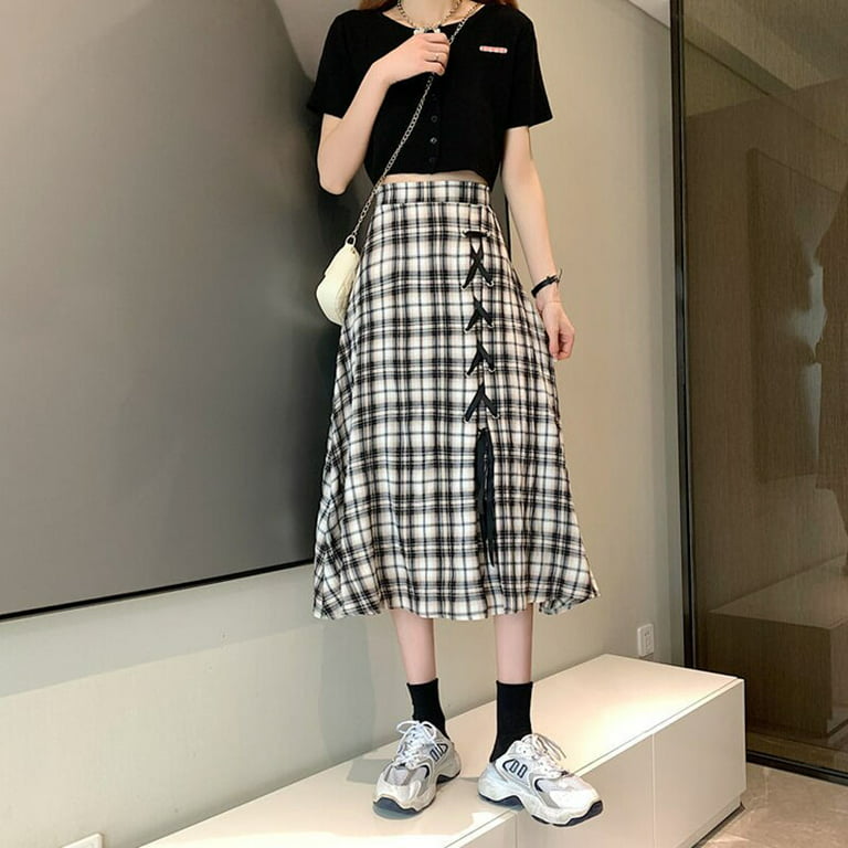 PIKADINGNIS Korean Fashion High Waist Plaid Skirt Women Elegant Chic Cross  Strap Maxi Skirts Female All-match A-line Long Skirt 