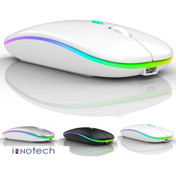 Innotech SC Mouse Inalámbrico Bluetooth: Mouse Silencioso, Delgado y Recargable con Luces LED, Modo Dual (Receptor USB de 5,2 y 2,4 G) Laptop para Laptop, iPad, Tablet, Mac y Todas las Computadoras, Blanco