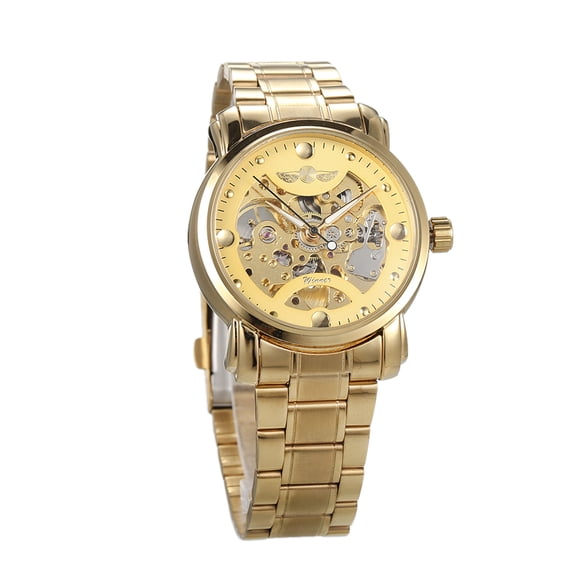WINNER Golden Stainless Steel Men's Automatic Skeleton Watch with Round Dial, 39mm, Gift Box Included