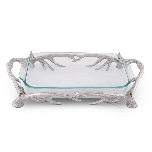 Arthur Court Metal Pyrex Glass Casserole Dish Holder Rustic Antler Pattern Sand Casted in