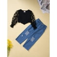 thumbnail image 2 of hirigin Kid Girl Pants Suit, Long Sleeve Round Neck Dot Print Loose Tops + Fall Summer Casual Ripped Jeans, 2 of 9