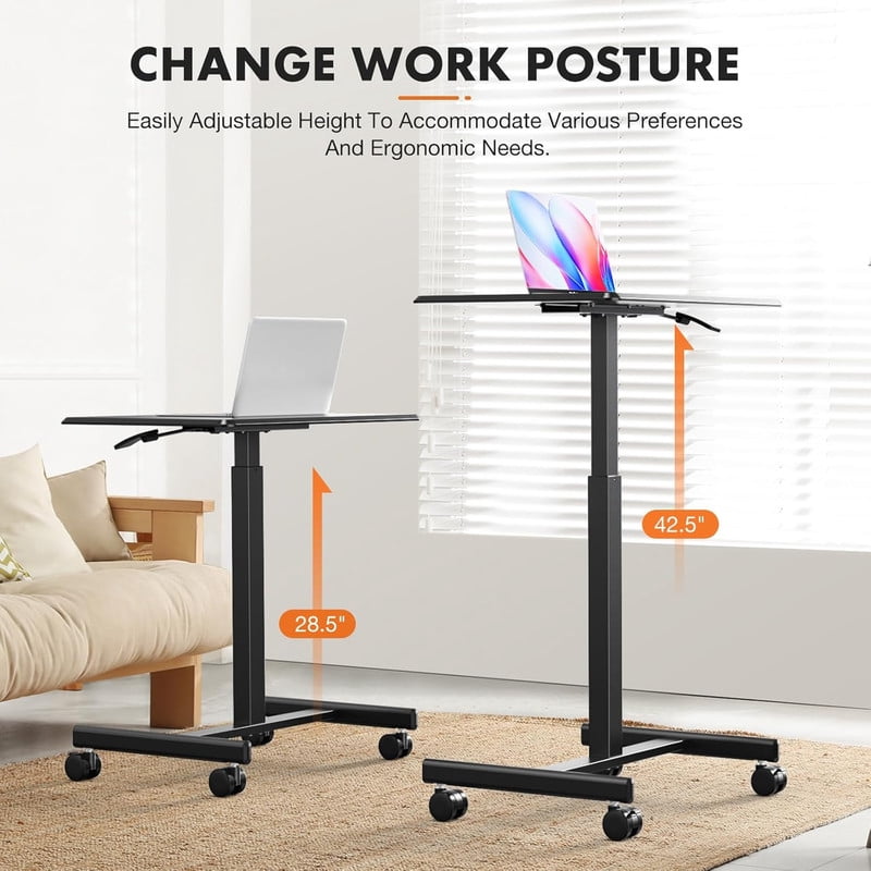 TINKLE WELL Mobile Standing Desk, Height-Adjustable Portable Rolling Laptop Workstation with Lockable Wheels, Sit-Stand Desk, Black