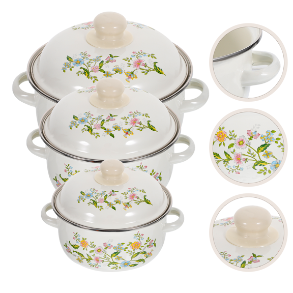 TEHAUX Small Enamel Pots 3Pcs Set Non-Stick with Handles for Kitchen Use