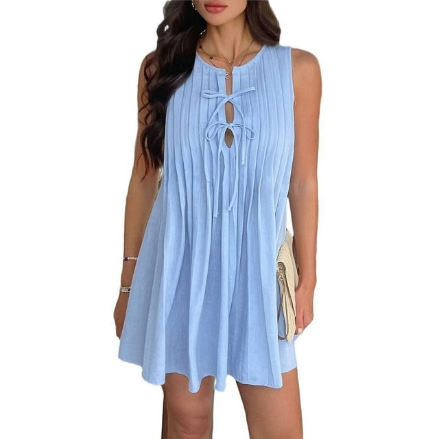 Robe Mini à Nouer devant pour Femmes Été Sans Manches Plissée Décontractée Ample Style Babydoll Robes Bleu Clair m