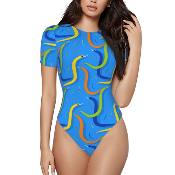 Haiem Colorful Snake Women's Crew Neck Short Sleeve Bodysuit Tops Stretchy Slim Basic-XX-Large