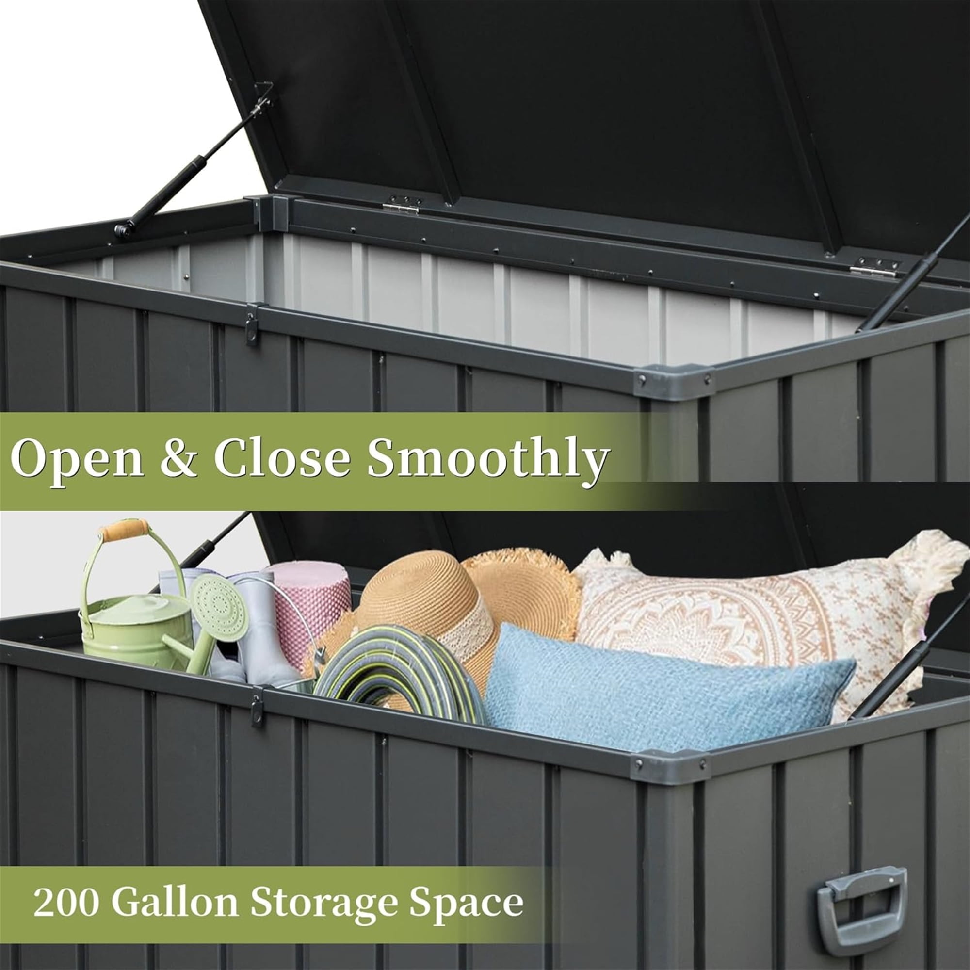 Noaman 200 Gallon Outdoor Storage Deck Box, Waterproof Large Patio Storage Bin for Cushions, Pillows, Garden Tools, Lockable Steel Deck Box with Wheels, Dark Gray