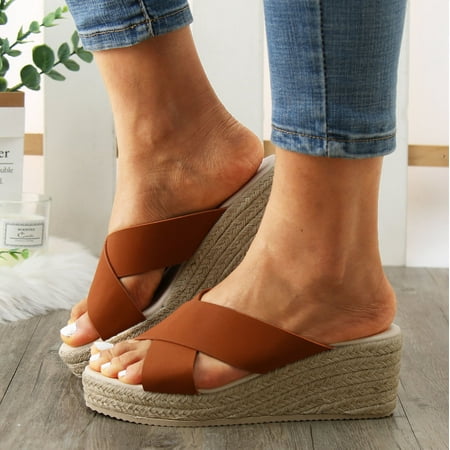 

FZM Women shoes Slippers For Women Ladies Peep Toe Linen Sole Wedge Sandals Rome Shoes