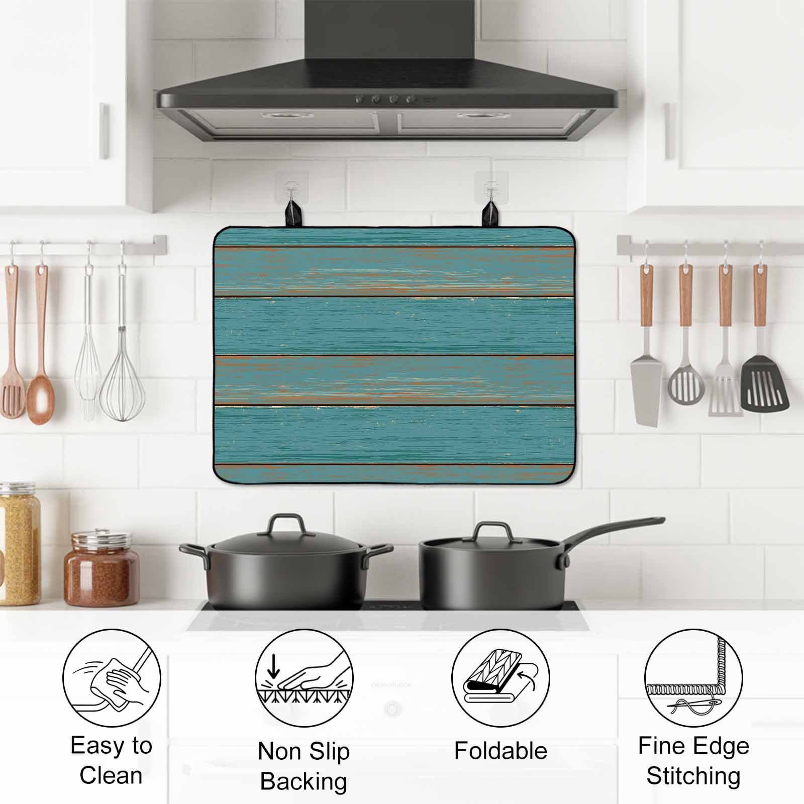 Teal Wood Grain Stove Top Cover for Electric Stove, Heat-proof & Non Slip Glass Top Stove Cover Protector, Farmhouse Vintage Wooden Rustic Kitchen Flat Cooktop Rubber Mat 24x21 Inches