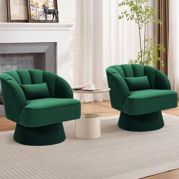 Set of 2 360掳 Swivel Accent Chairs, Oversized Base Upholstered Sofa Chairs with Thick Padding, 300LBS Capacity Ergonomic Lounge Chair for Bedroom Living Room, Dark Green