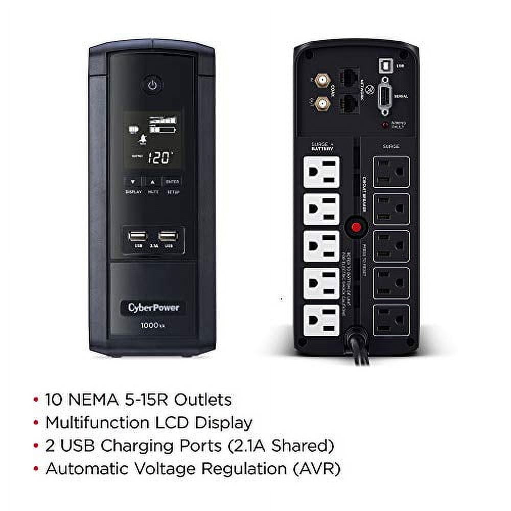 CyberPower BRG1000AVRLCD Intelligent LCD UPS System, 1000VA/600W, 10 Outlets, AVR, Mini-Tower, 5-Year Warranty
