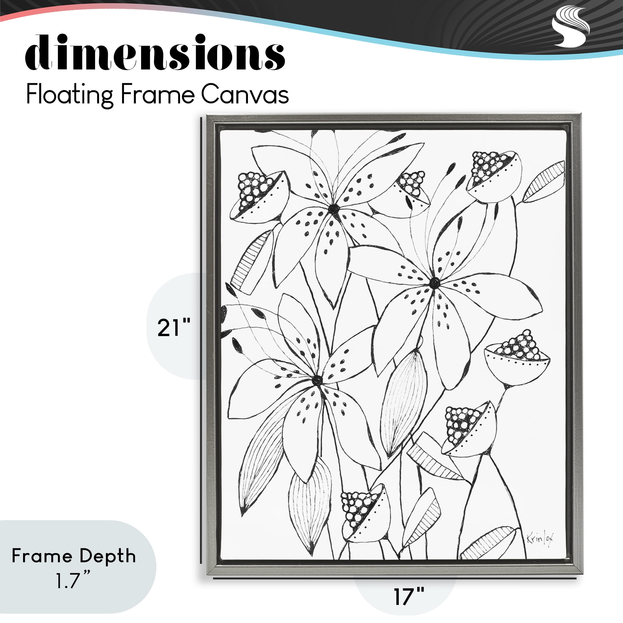 Stupell Industries Open Blooms Outline Gray Framed Floater Canvas Wall Art, design by Krinlox