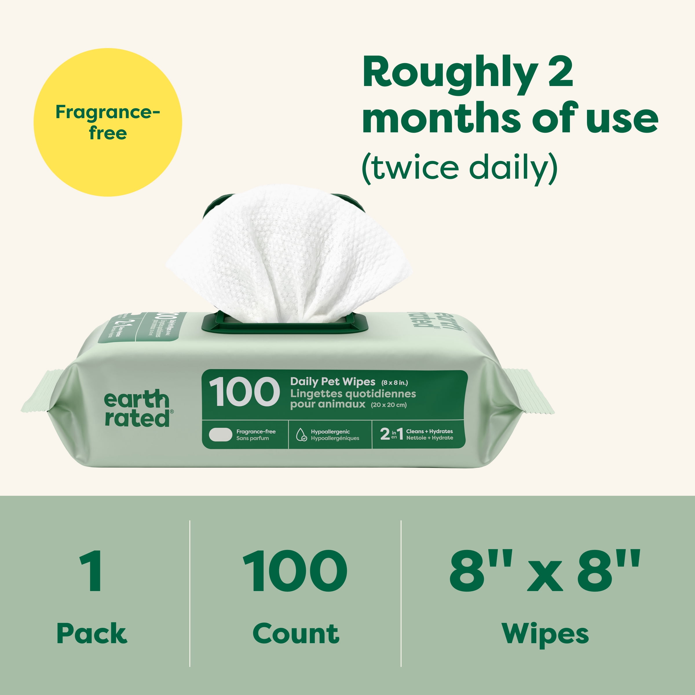 Earth Rated 2-in-1 Everyday Dog Wipes, Unscented, 100 Count