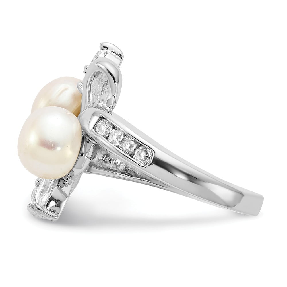 Cheryl M Silver Rhodium Plated CZ White Freshwater Cultured Pearl Leaves Ring Sz 6-8