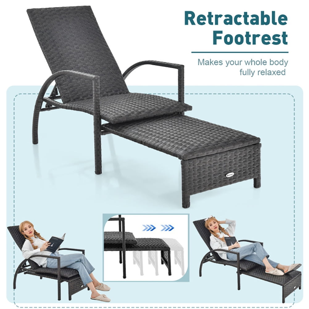 Aimee Lii Patio Chaise Lounge Outdoor Rattan Lounge Chair with Retractable Ottoman, Outdoor Patio Furniture