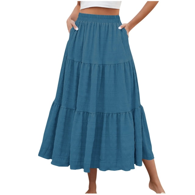 Wdfiry Women's Midi Skirts Solid Color Pleated Ruffled Hem Flowy Skirts Casual High Waist Side Pockets A Line Skirts