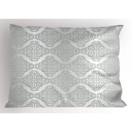 Swirl Double Old Fashioned - Silver Pillow Sham Damask Inspired Floral Motifs in Symmetrical Old Fashioned Design Swirls and Curls, Decorative Standard King Size Printed Pillowcase, 36 X 20 Inches, Silver White, by Ambesonne