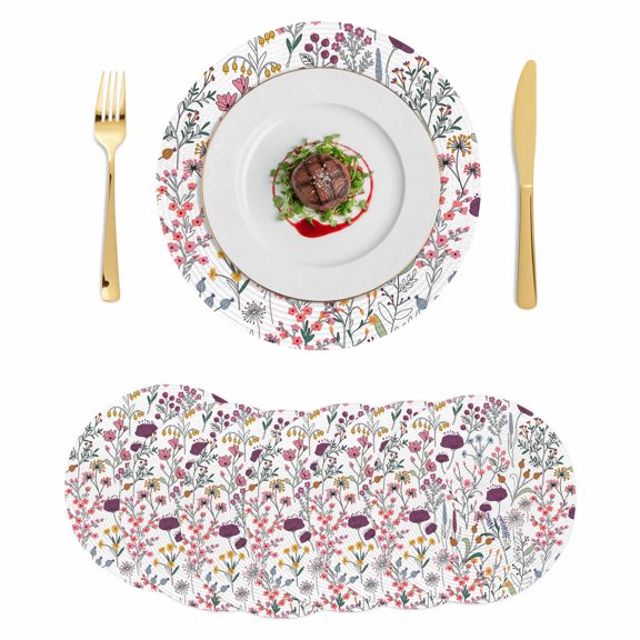 Purple Spring Floral Round 15 Inch Placemats Set of 6, Vintage Botanical Colorful Elegant HeatResistant Non Slip Place Mats for Dining Table, Wipeable Braided Kitchen Table Mats for Housewarming