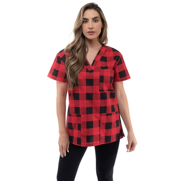Just Love Women's Scrub Tops (Red - Buffalo Plaid, Large)