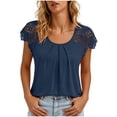 thumbnail image 2 of QUNYINEY Blue Womens T Shirts Short Sleeve Cotton Summer Shirt Crew Neck Lace Pullover Pleated Relaxed Fit Tops, 2 of 7