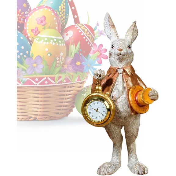 Bunny Figurine with Clock Top Hat, Easter Rabbit Table Clock, Small Spring Home Decor Statue for Shelf or Desk