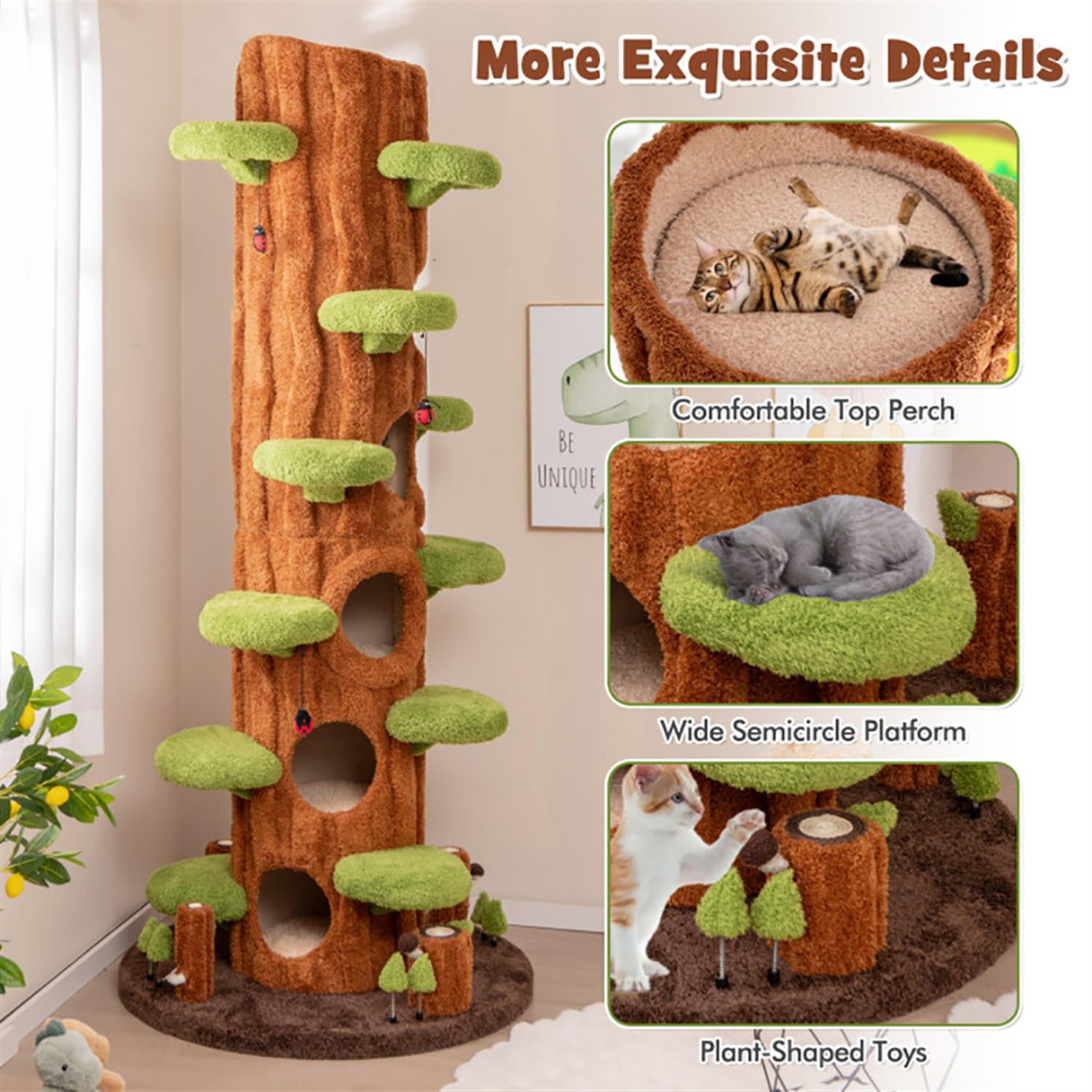 resenkos 90" Cat Tree Tower with Private Condos for Indoor Cats, Multifunctional Plush Cat House with Teasing Balls, Brown