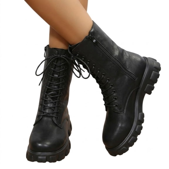 POROPL Boots for Women,Lace Up Combat Ankle Boots Chunky Platform Thick Sole Side Zipper Boots
