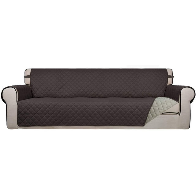 Housse de Sofa Matelassée Réversible 4 Places, Protecteur de Meuble Résistant à l'Eau, Housse de Canapé Lavable avec Mousse Antidérapante et Sangles Élastiques pour Enfants, Chiens, Animaux (XX Grand, Chocolat/beige)