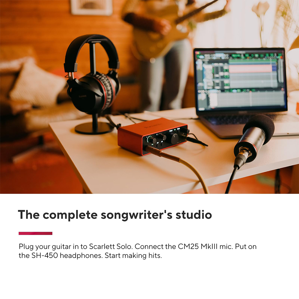 Focusrite AMS-SCARLETT-SOLO-ST Scarlett Solo Studio 4th Gen Audio Interface Bundle with Mic, Headphones + XLR Male to XLR Female Cable + Universal Pop Filter Wind Screen + Microphone Stand with Boom
