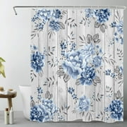 HVEST Country Farmhouse Shower Curtain Decor, Blue Floral and Eucalyptus Leaf on Grey Wood Texture Shower Curtain for Bathroom 60x72 Inch Polyester Fabric Bathroom Decoration Bath Curtains Hooks Inclu