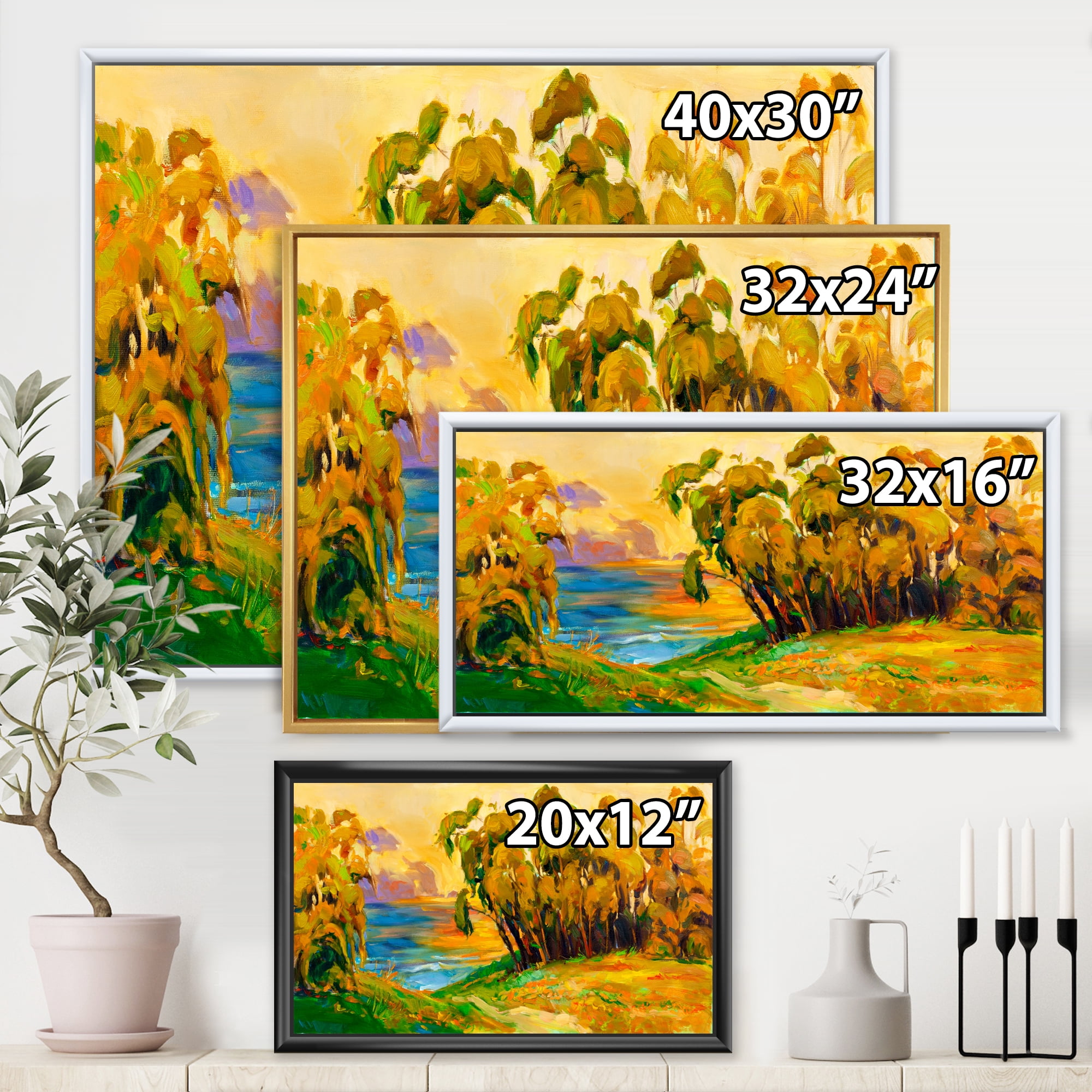 Designart 'Brown Trees By The Riverside During Evenign Glow' Traditional Framed Canvas Wall Art Print