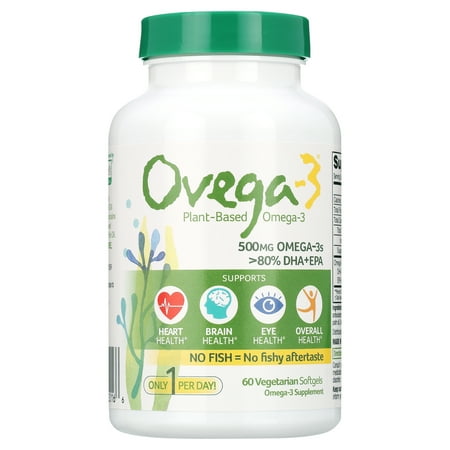 Ovega-3 Plant-Based Omega-3 Supplement with DHA and EPA, 500 mg Vegetarian Softgels, 60 Ct