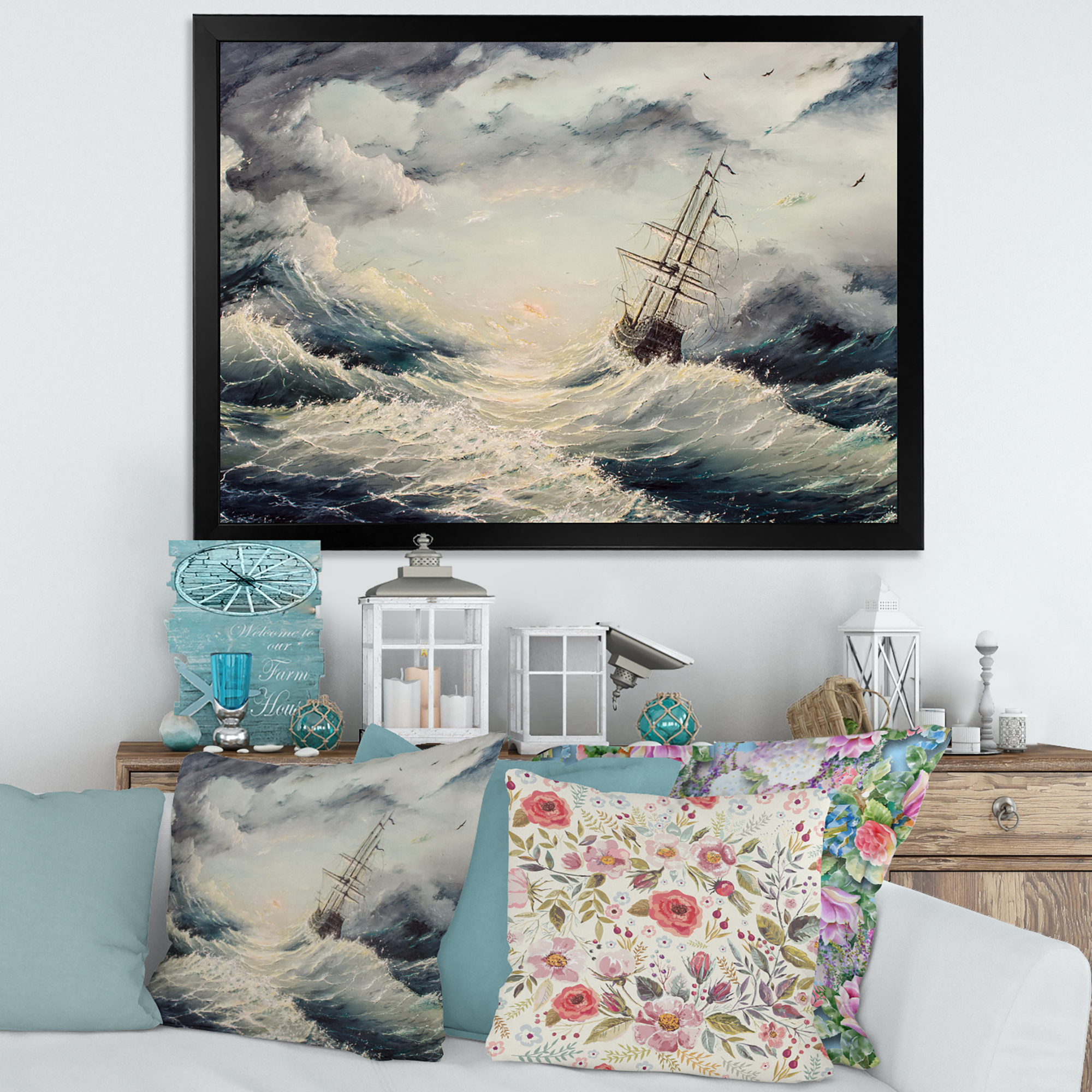 Designart 'Ship Struggles With The Sea Storm' Nautical & Coastal Framed Art Print