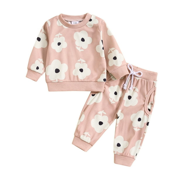 Gibobby Conjunto de pantalón para bebé Conjunto de ropa de invierno para niñas pequeñas, de manga larga, con estampado de flores y animados, 2 uds(Rosa,18-24 Meses)