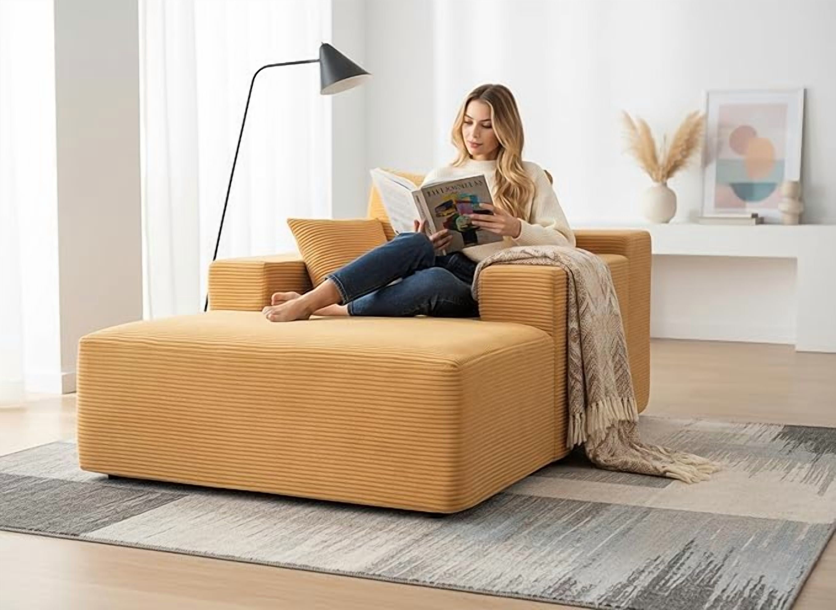 Chaise Lounge Chair Indoor – Oversized Corduroy Couch with Wide Armrest & Throw Pillows, Cozy Boneless Sleeper Sofa Bed Armchair