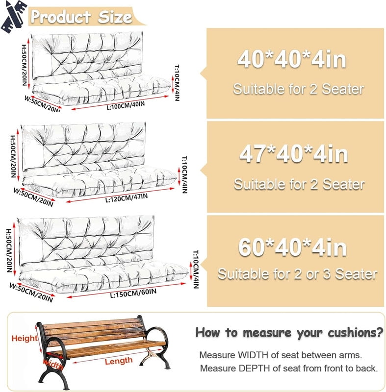 Replacement Cushions for Swing, Waterproof Porch Swing Cushion, 2-3 Seat Outdoor Bench Cushion with Backrest for Patio Furniture Garden Porch Loveseat Glider Pad (Beige 60*40in)