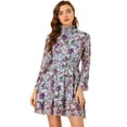 thumbnail image 1 of Vestido floral de gasa de manga larga con cuello simulado, volantes en capas, minivestidos con cintura de bata transparente Azul XS, 1 of 5