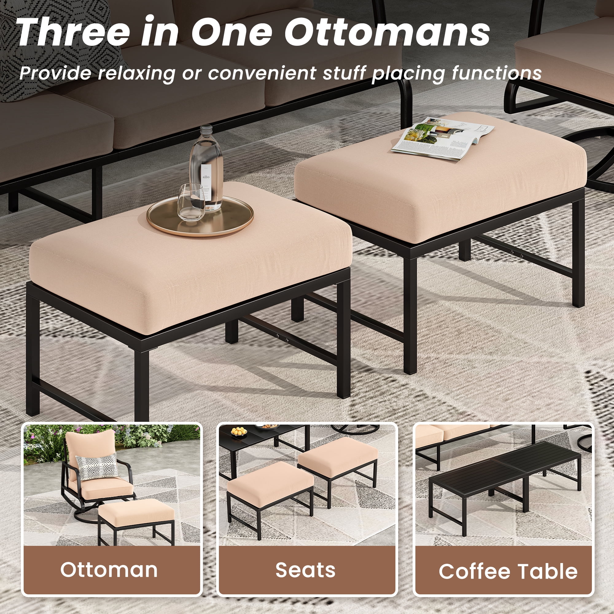 MAYEERTY 5-Piece Metal Frame Outdoor Patio Set with Swivel Chairs, Three-Seater Sofa, and Ottomans