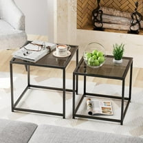 Coffee Table Set of 2, Modern Grey Patterned Glass Side Table, Metal Frame Square End Table, Center Tables Nesting Coffee Table for Living Room,Bedroom and Small Spaces
