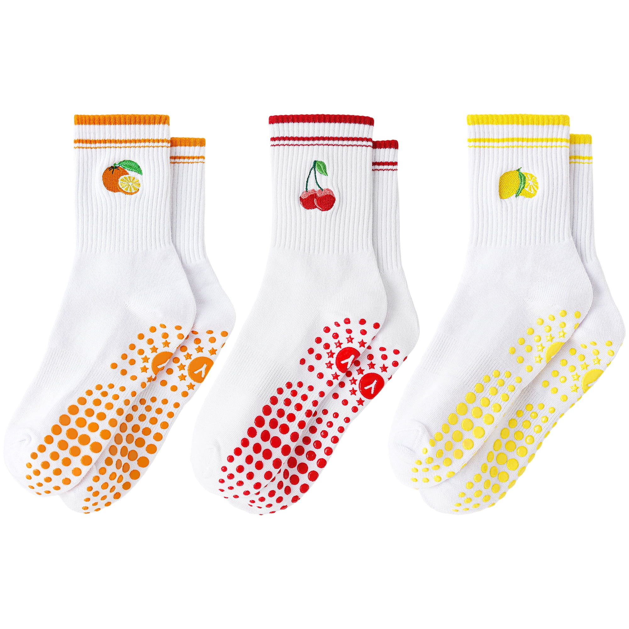 Yawlsow Pilates Socks with Grips for Women, 3 Pairs Non-Slip Yoga Socks with Cute Embroidery for Barre Ballet Workout, Hospital