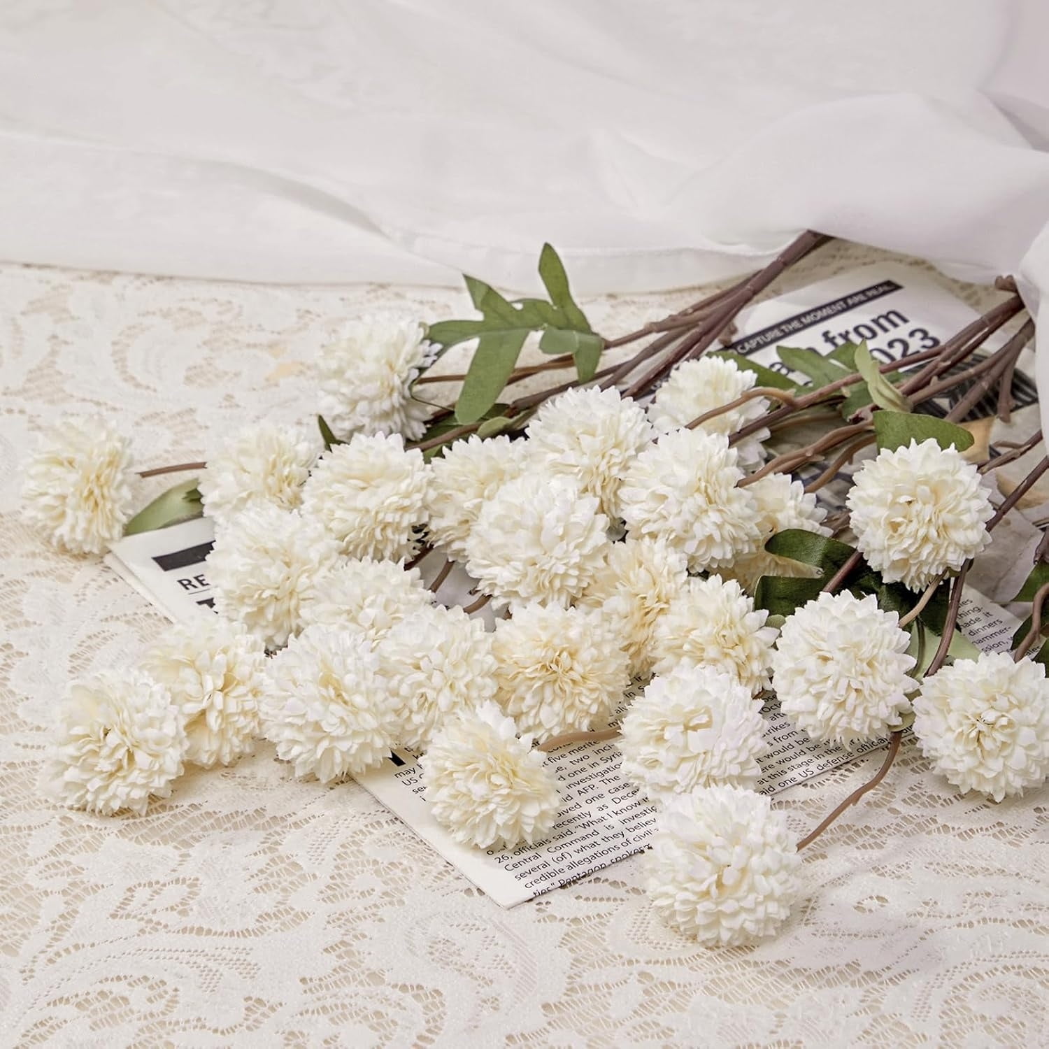 10 Pcs Dried Eucalyptus Stems with 6 Pcs Faux Chrysanthemums Realistic Fake Silk Pompon Mum Preserved Fresh Eucalyptus Stems Real Shower Plant for DIY Bouquet Wedding Arrangements Centerpiece