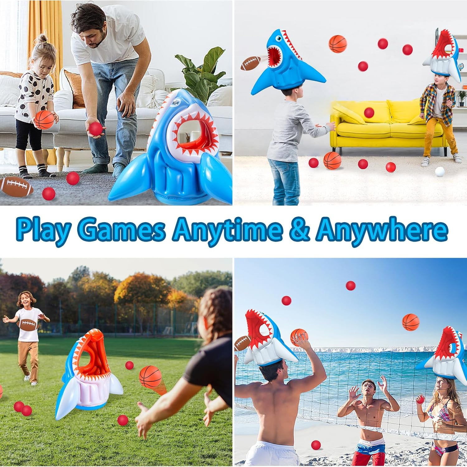Inflatable Pool Toys, Basketball Football Head Hoop Toss Floats Shark Toy, Outdoor Water Game Activities Cool Toys for Boys Kids Adults Family, Swimming Pool Party Water Carnival Pool Float Toys