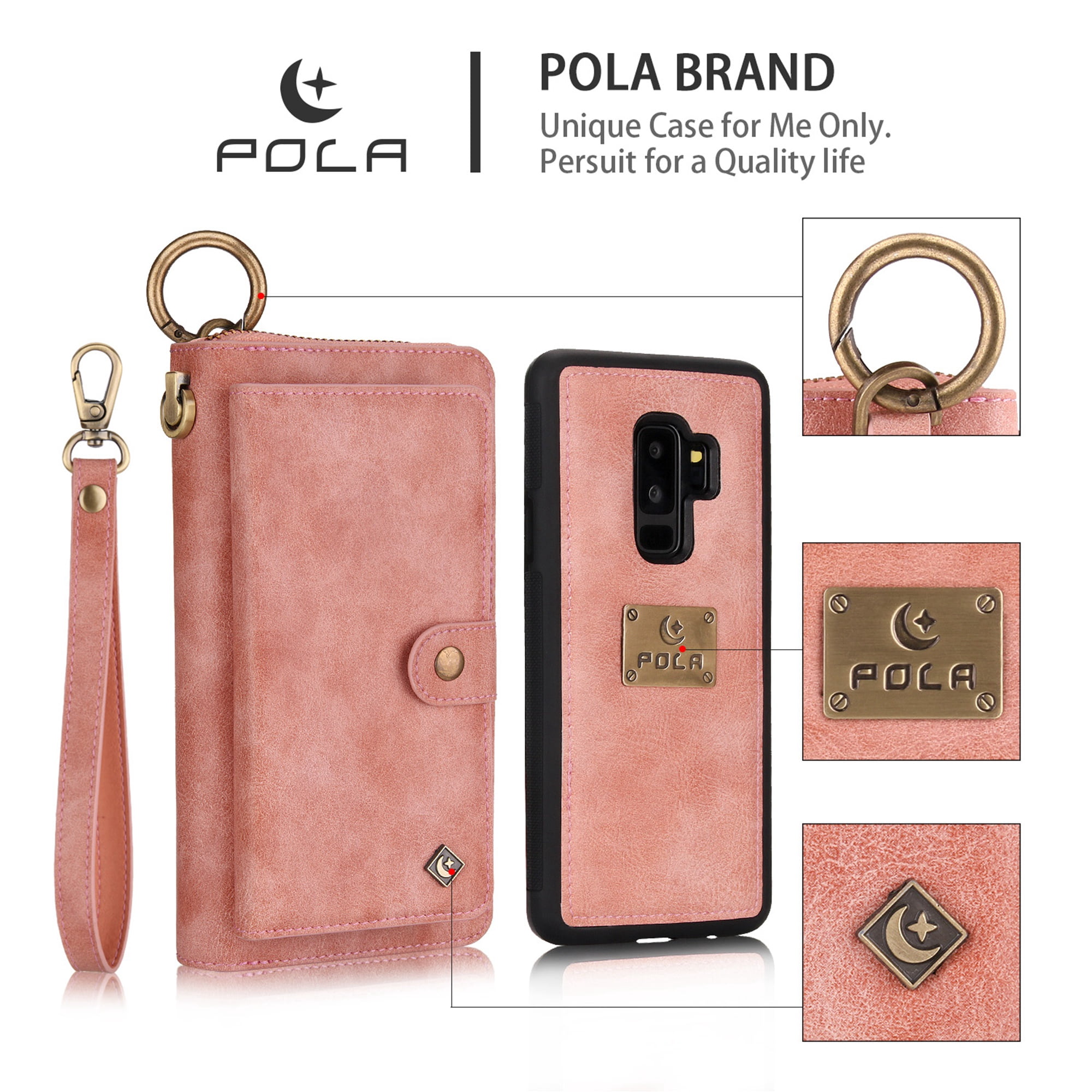 Galaxy S9 Plus Wallet Detachable Case, Dteck [wrist band][14 Card Slots] Zipper Purse Phone Case Multi-functional Folio Flip PU Leather Removable Magnetic Back Cover For Samsung Galaxy S9+,Pink