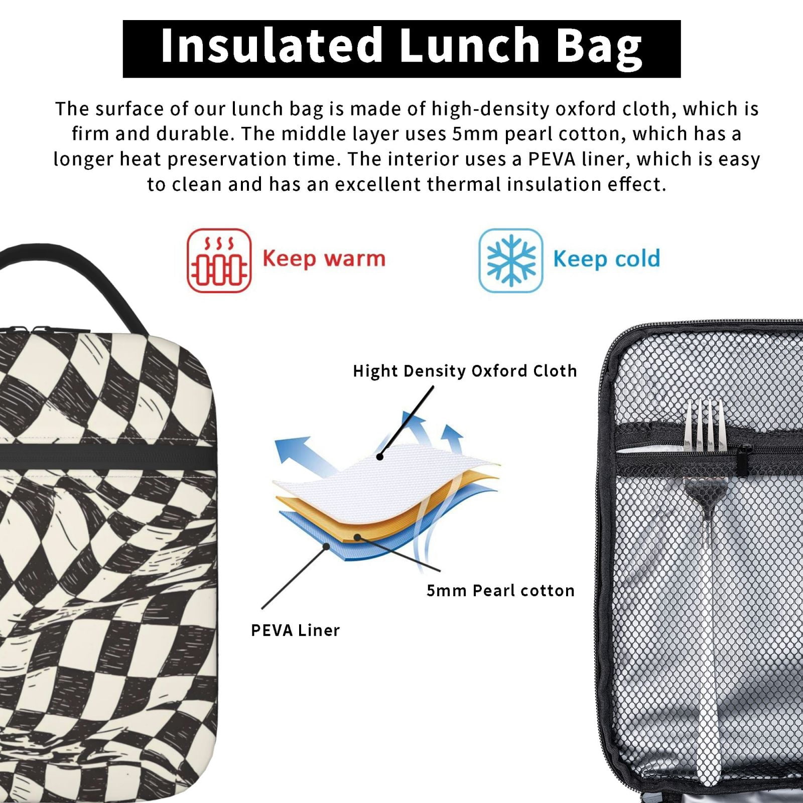 Lunch Bag For Women Men Insulated Portable Lunch Box Bento Box Office Picnic Travel Cooler Bag Black White Checked Hand-Drawn Sketch2